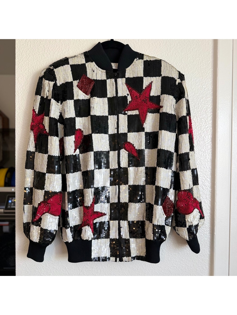 Vintage Lawrence Kazar P/M 100% Silk Sequin Checkerboard Star Bomber Jacket